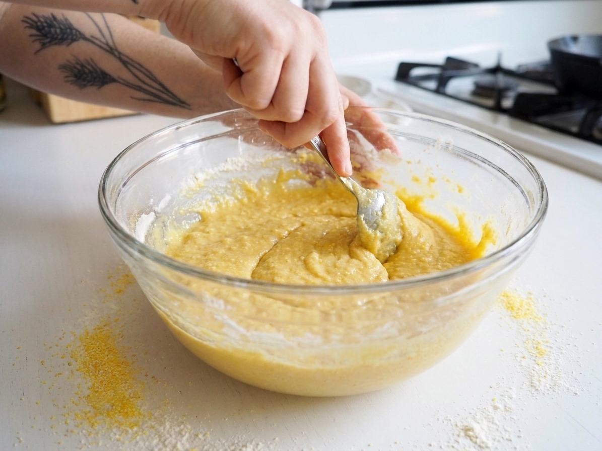 A spoon stirring thick corn muffin batter in a clear mixing bowl, with cornmeal and flour visible along the sides