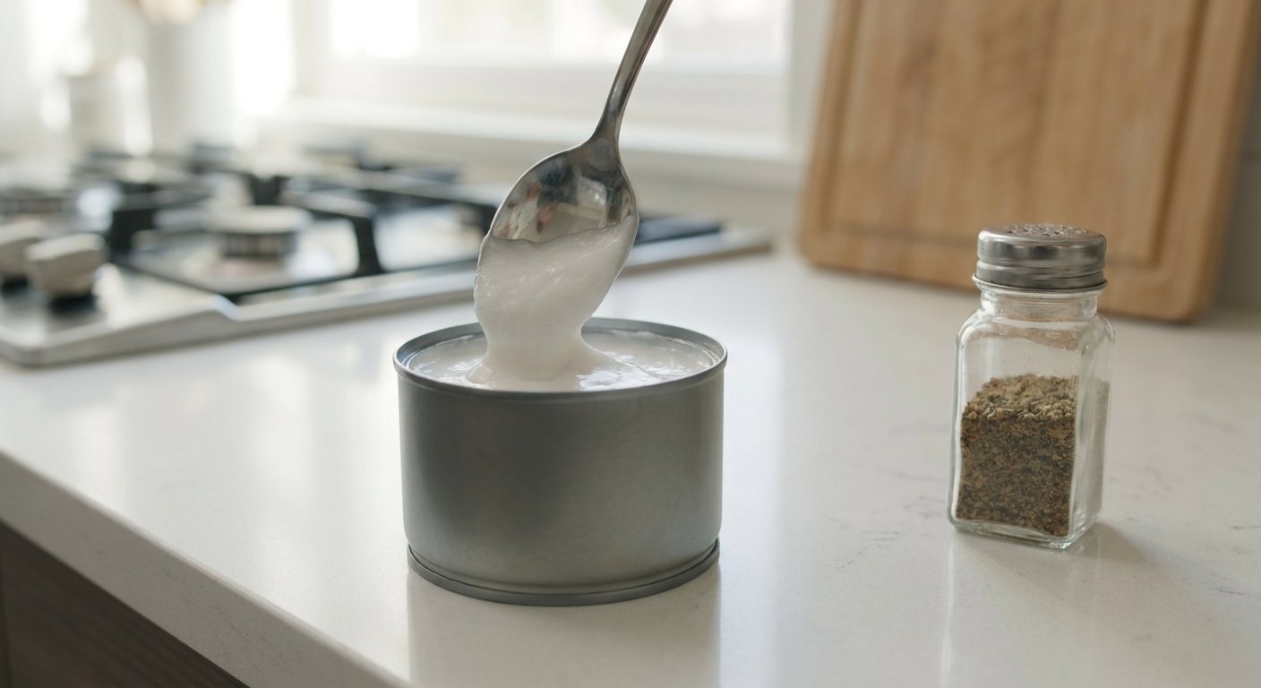 A spoon stirring thick cream of coconut in an open can on a clean kitchen counter with a shaker nearby