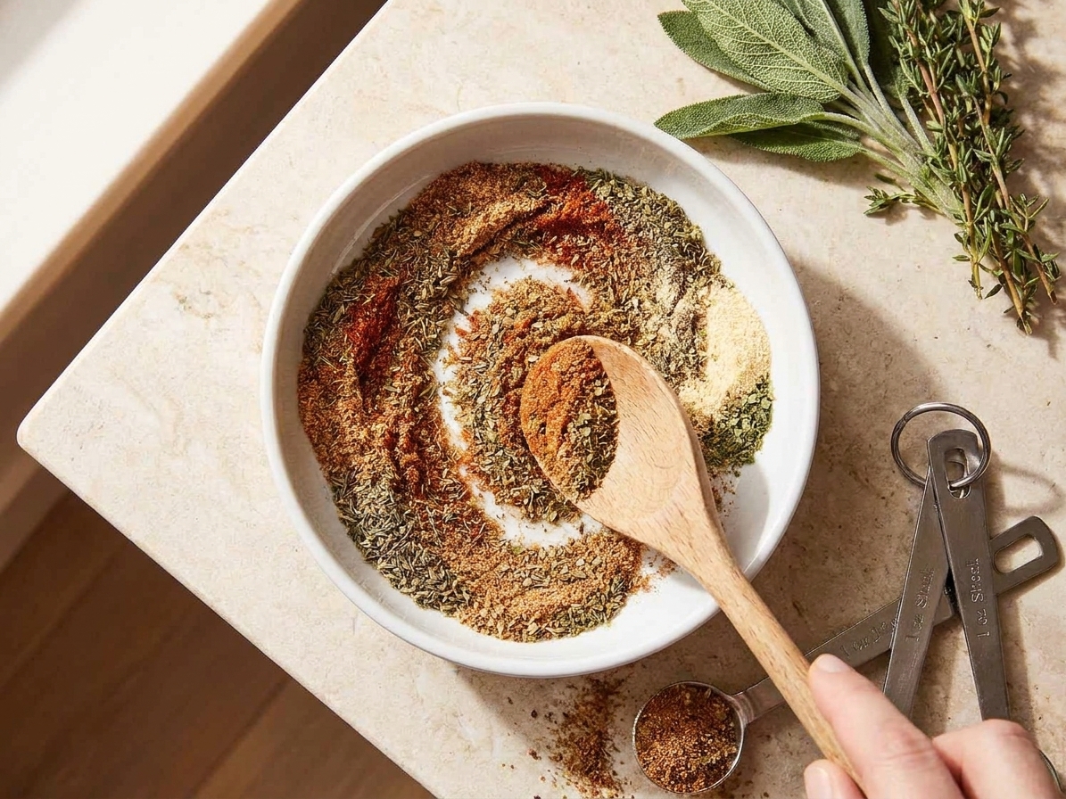 A spoon stirring turkey rub seasoning in a small bowl on a stone kitchen counter, spices partially blended
