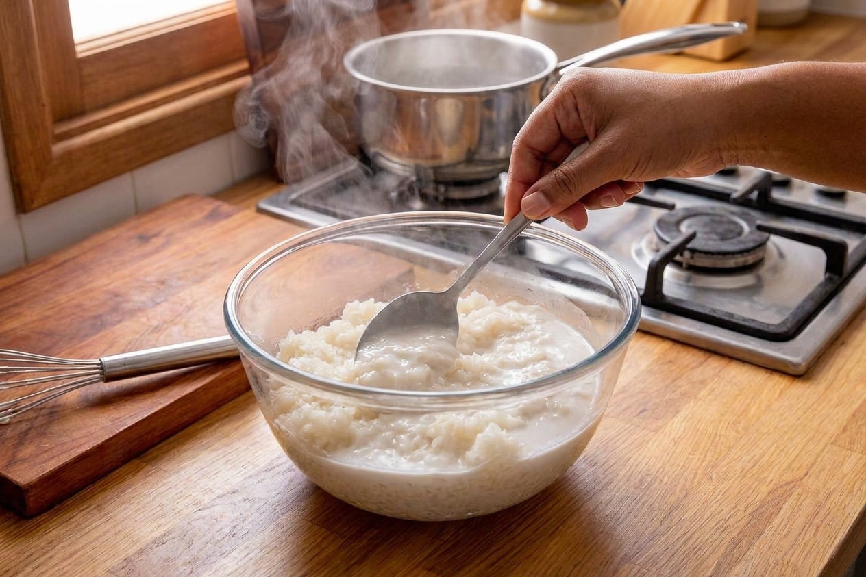 A spoon stirring warm coconut sauce into freshly steamed sticky rice in a mixing bowl on a kitchen counter, with soft steam visible in warm lighting