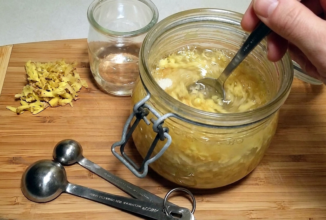 A spoon stirring water, sugar, and grated ginger in a glass jar on a kitchen counter