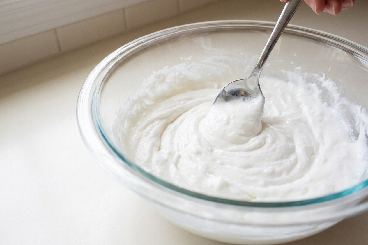 A spoon stirring white hair conditioner in a glass bowl on a kitchen counter, close up with soft natural light
