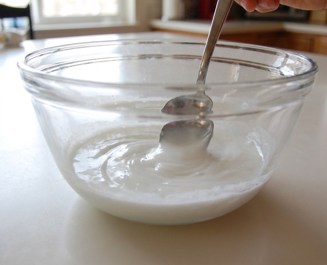 A spoon stirring white school glue and water together in a clear glass bowl on a bright kitchen counter