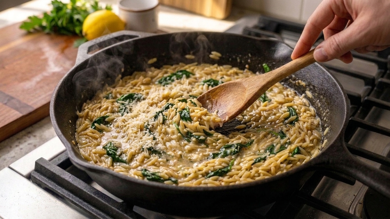 A spoon stirring wilted spinach and grated Parmesan into silky orzo in a skillet, creating a glossy sauce