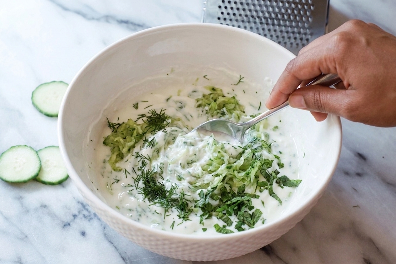 A spoon stirring yogurt, cucumber, and herbs together in a white mixing bowl on a kitchen counter