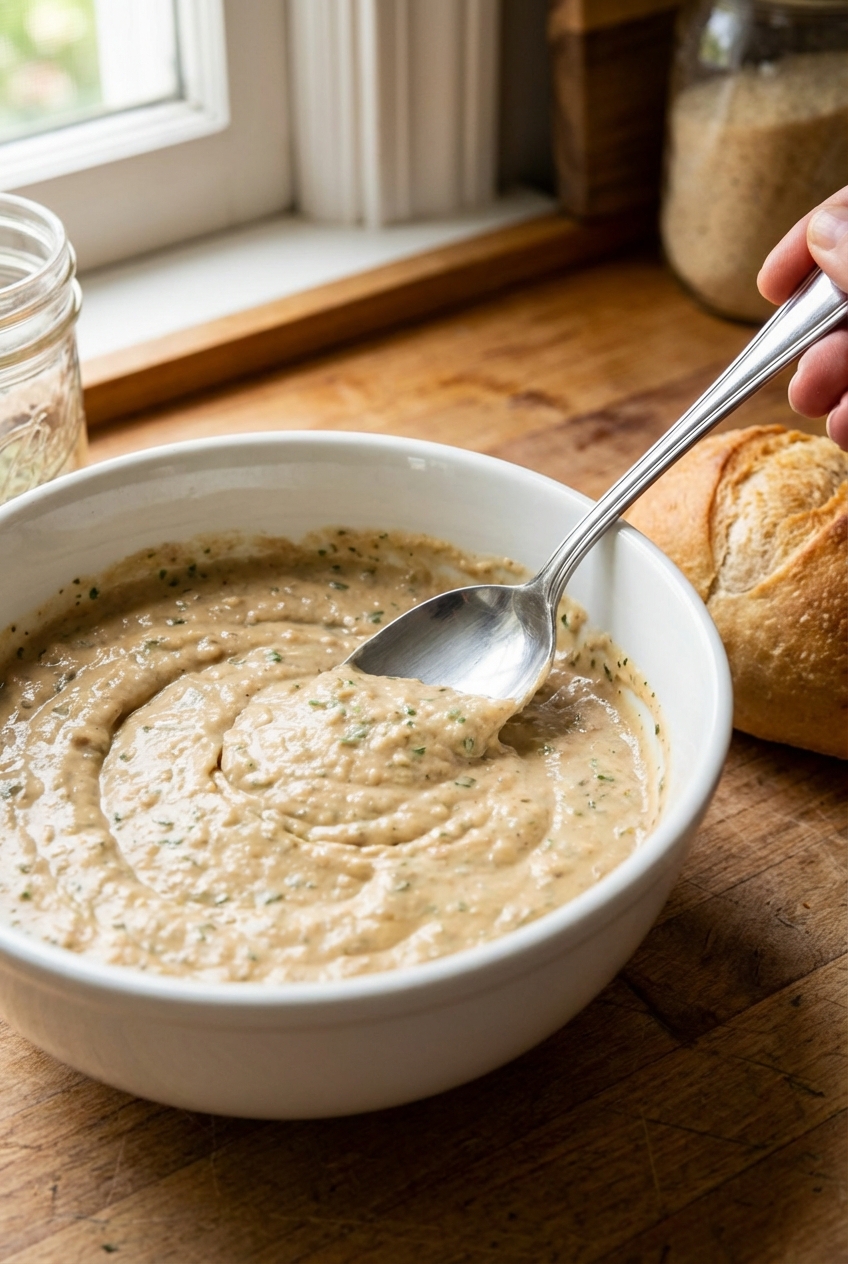 A spoon swirling a thick, creamy savory dip in a bowl with visible herb flecks