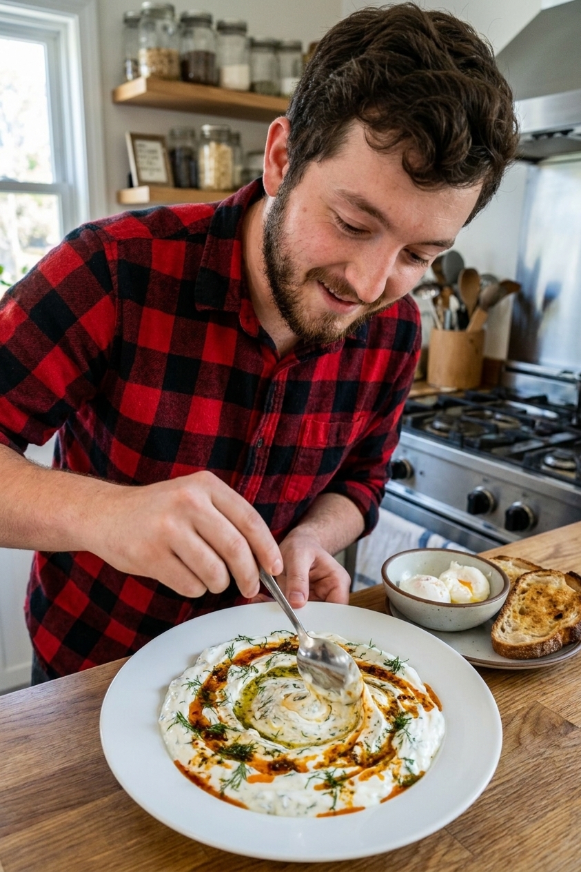 A spoon swirling thick garlicky yogurt on a plate, ready for poached eggs