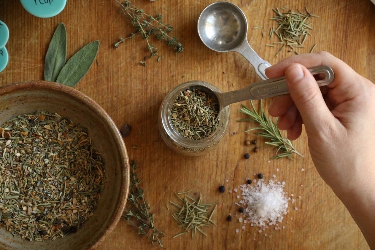 A spoon transferring homemade poultry seasoning into a small glass spice jar on a kitchen counter