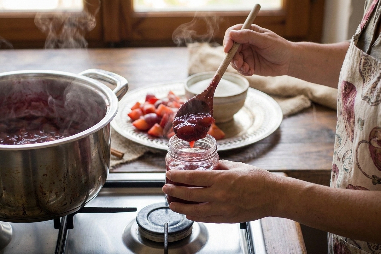 A spoon transferring hot plum jam into a small glass jar on a kitchen counter