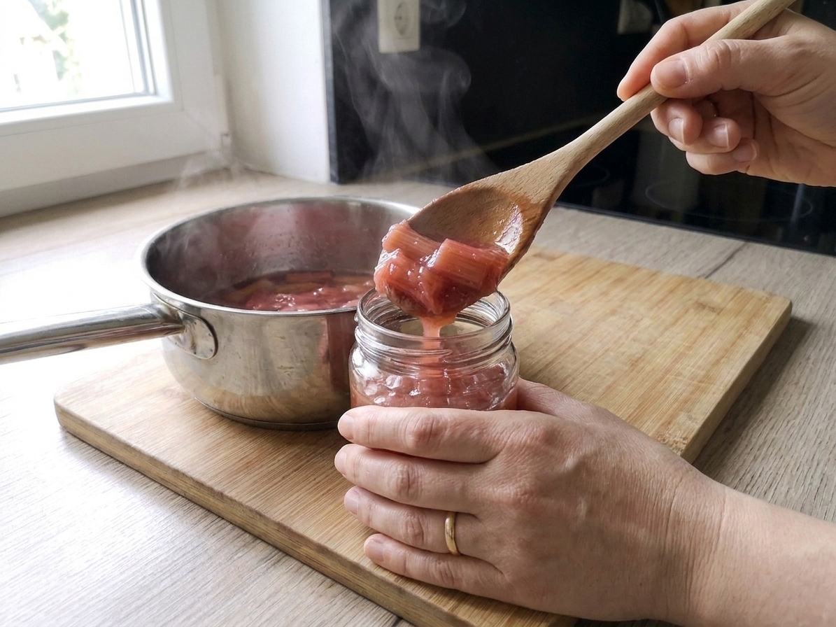 A spoon transferring warm rhubarb confiture into a clean glass jar on a kitchen counter with a saucepan nearby