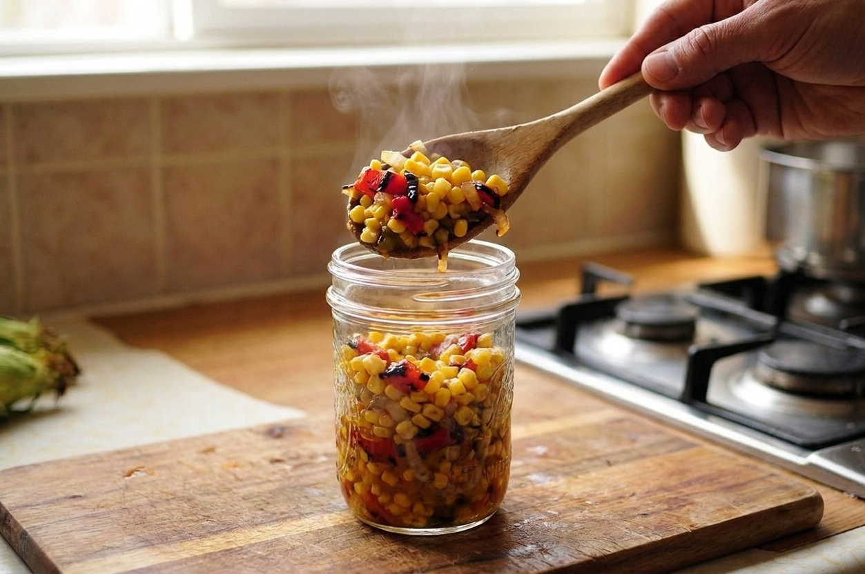 A spoon transferring warm sweet corn relish into a clean glass jar on a kitchen counter