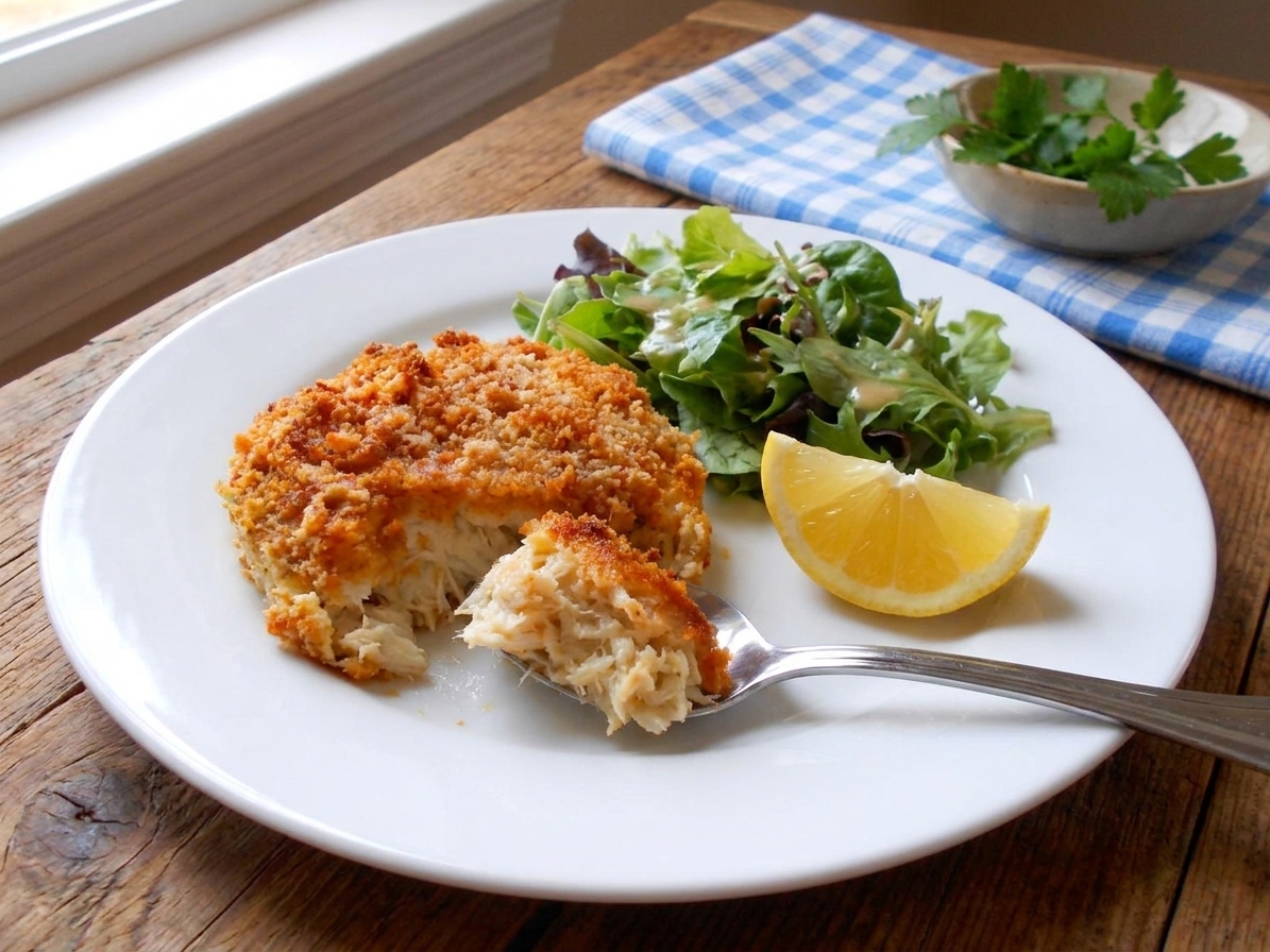 A spooned portion of crab imperial on a plate with a lemon wedge and a simple green salad on a wooden table in warm indoor light