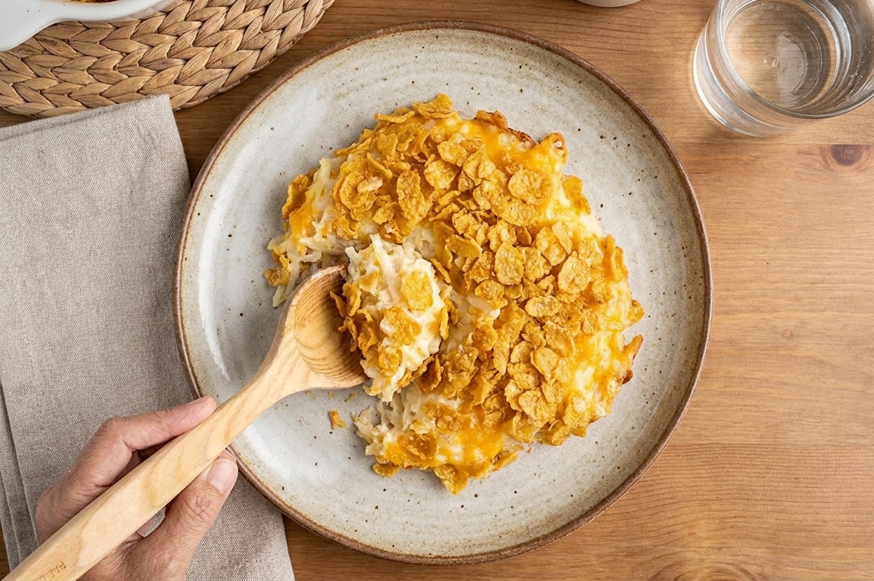 A spooned serving of cheesy hashbrown casserole on a ceramic plate with a golden crunchy topping, set on a simple dinner table