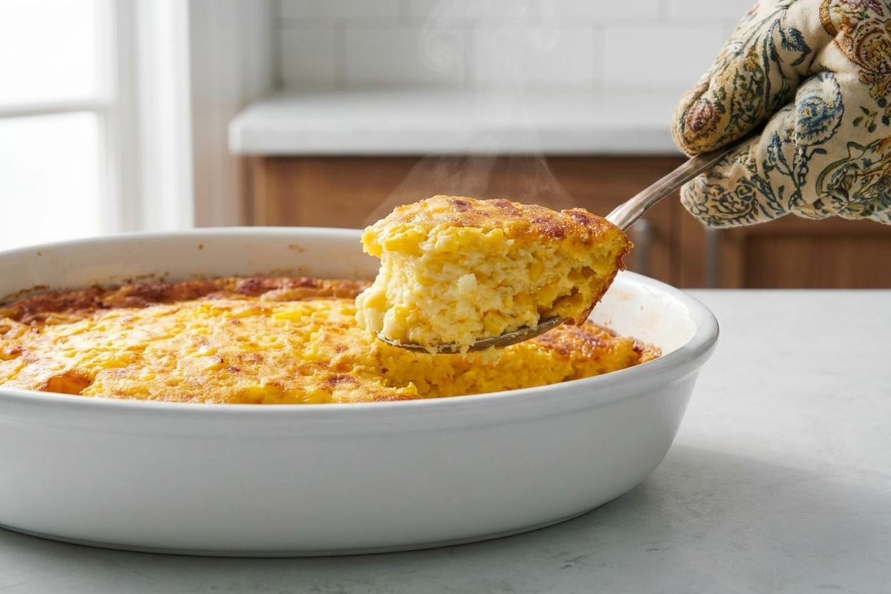 A spooned slice of corn soufflé casserole showing a fluffy, custardy interior with visible corn kernels and a golden browned top