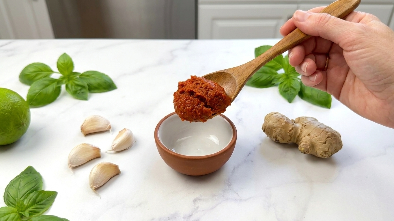 A spoonful of Thai red curry paste held above a small bowl on a kitchen counter, with garlic and ginger nearby