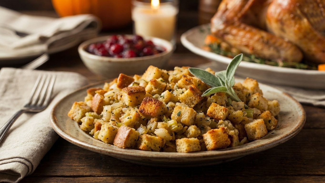 A spoonful of Thanksgiving stuffing with crisp browned edges served on a plate, with a warm holiday table setting in the background