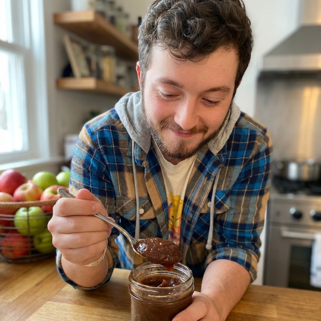 A spoonful of apple butter in a small jar with apples in the background