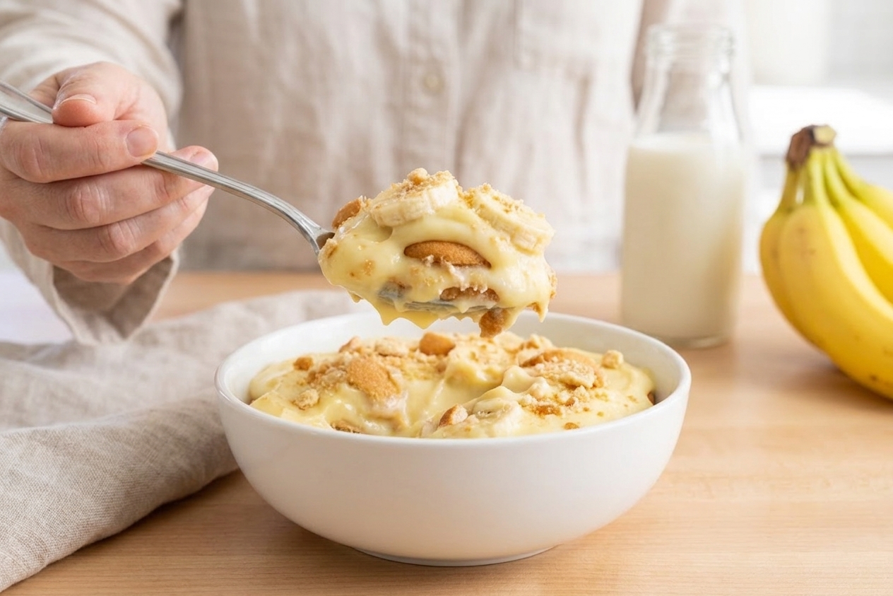 A spoonful of banana pudding with visible layers of custard, banana slices, and softened vanilla wafers in a white bowl