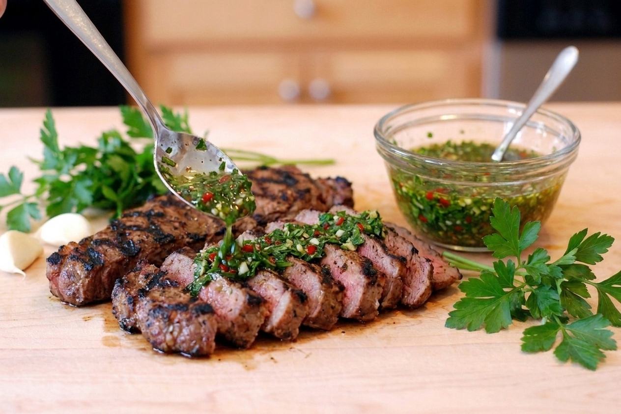 A spoonful of bright green chimichurri sauce drizzled over sliced grilled steak on a wooden cutting board with a small bowl of extra sauce nearby