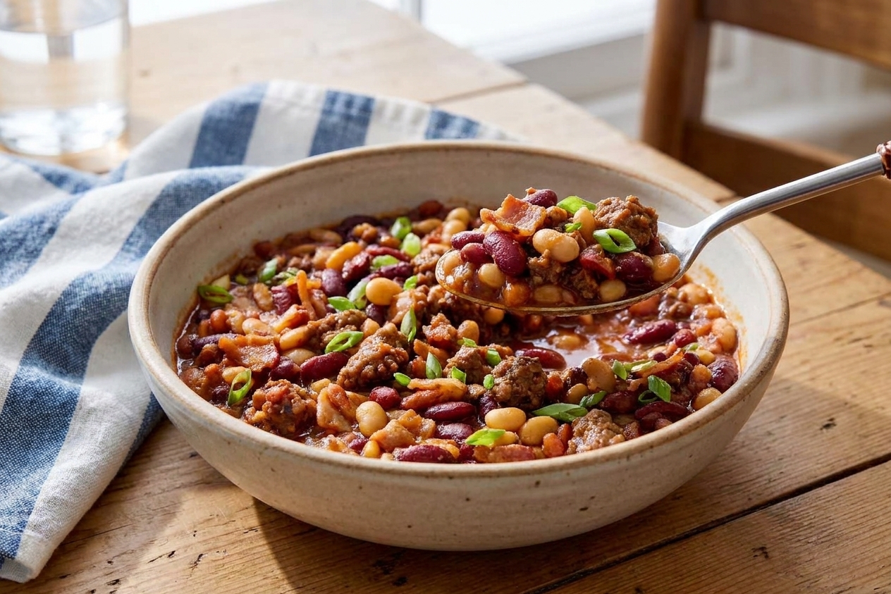 A spoonful of calico beans served in a bowl with visible kidney beans and bacon pieces, set on a simple dinner table