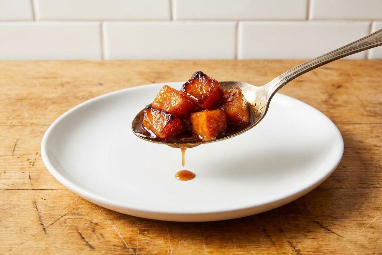 A spoonful of candied yams plated with glossy syrup and caramelized edges on a simple white plate