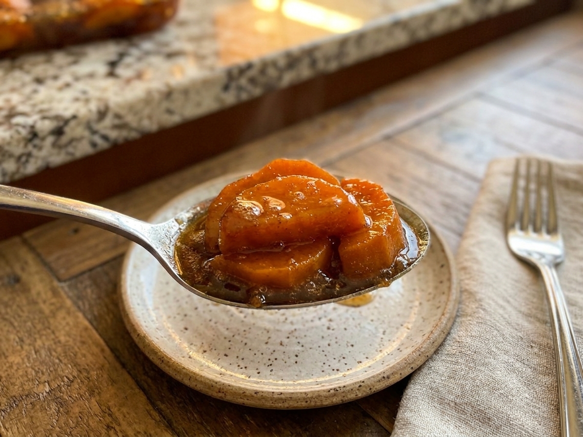 A spoonful of candied yams with glossy syrup served on a small plate at a simple dinner table setting