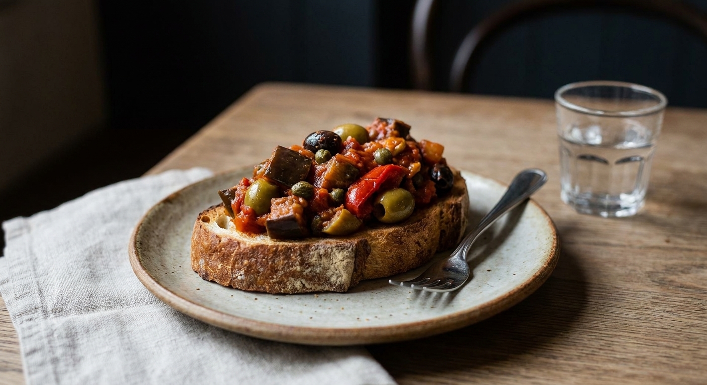 A spoonful of caponata piled on toasted rustic bread on a small plate, with visible eggplant cubes, olives, and capers, casual appetizer presentation