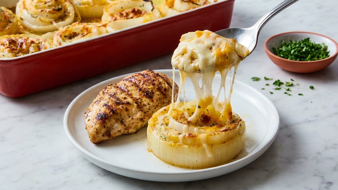 A spoonful of cheesy baked Tennessee onions served on a small plate beside grilled chicken, with melted cheese stretching slightly