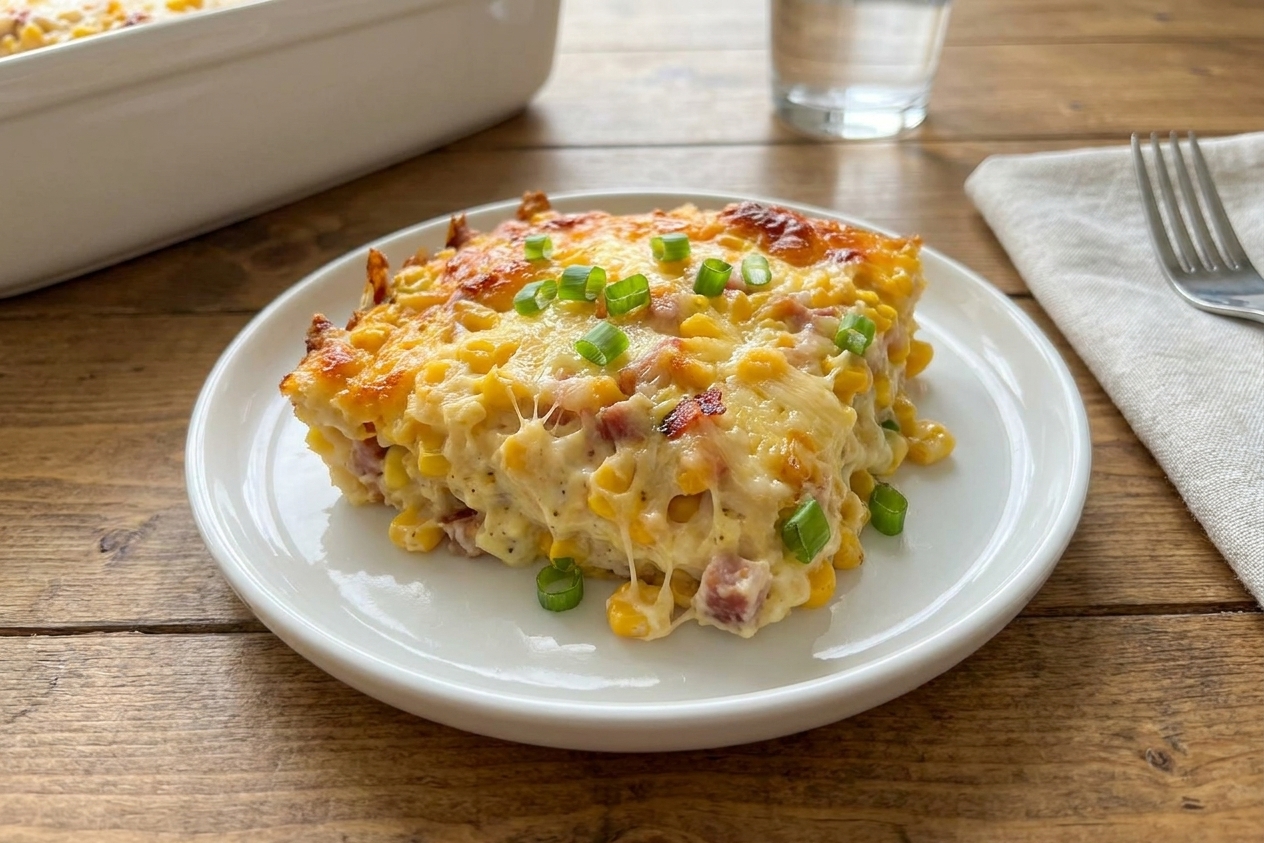 A spoonful of cheesy baked corn casserole served on a small plate with a golden top and scattered scallions, on a simple dinner table setting