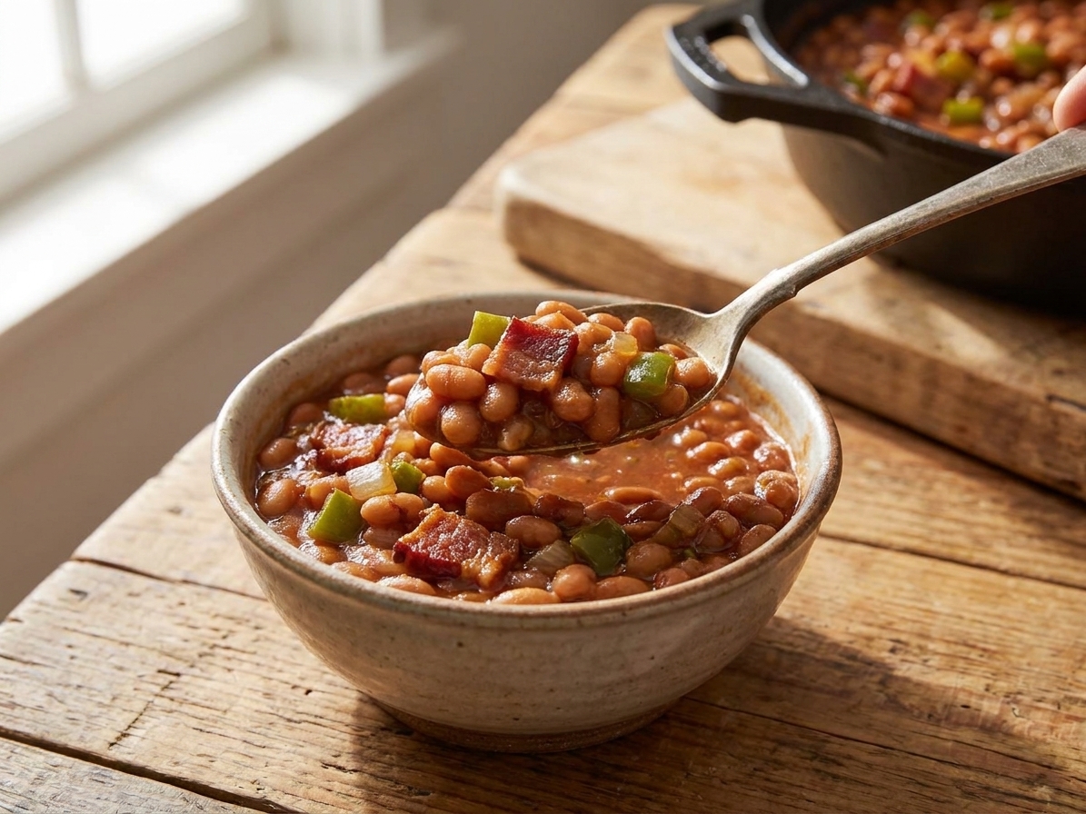 A spoonful of cowboy baked beans served in a small bowl with visible bacon and peppers, set on a rustic table with a spoon beside it