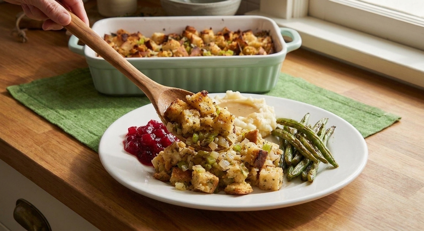 A spoonful of golden Thanksgiving dressing with crisp edges served on a plate next to holiday sides in warm indoor light