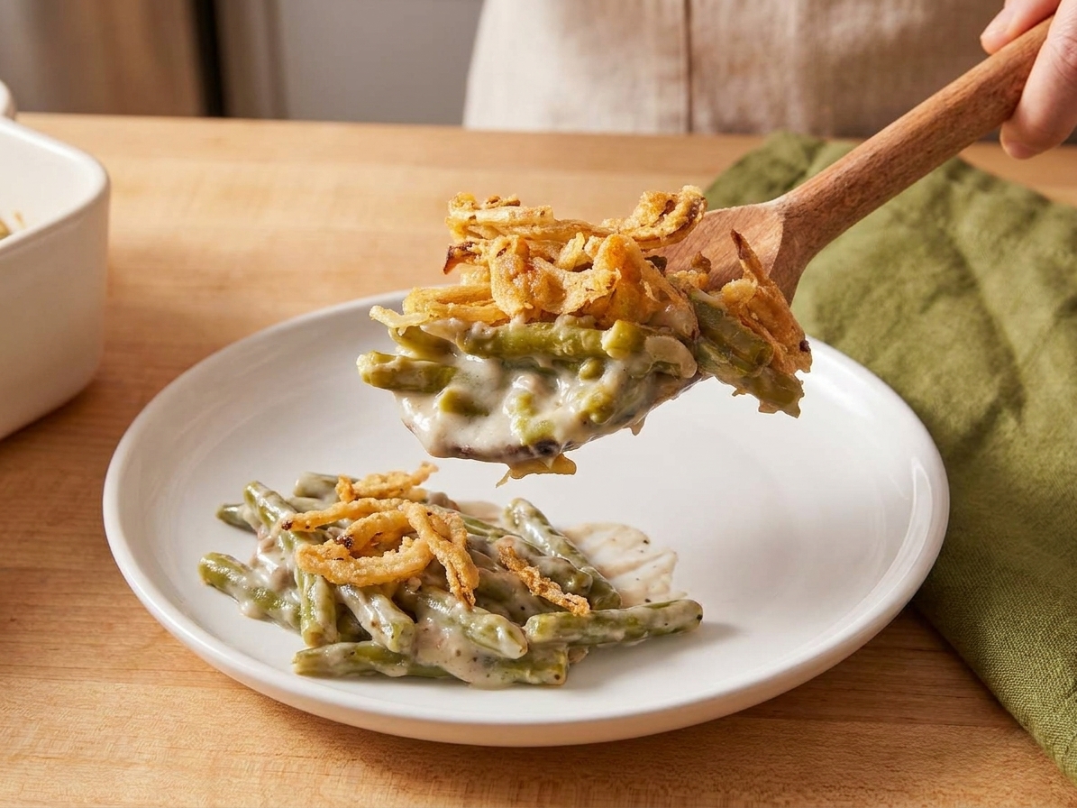 A spoonful of green bean casserole served on a plate, showing creamy sauce clinging to green beans with crispy fried onions on top