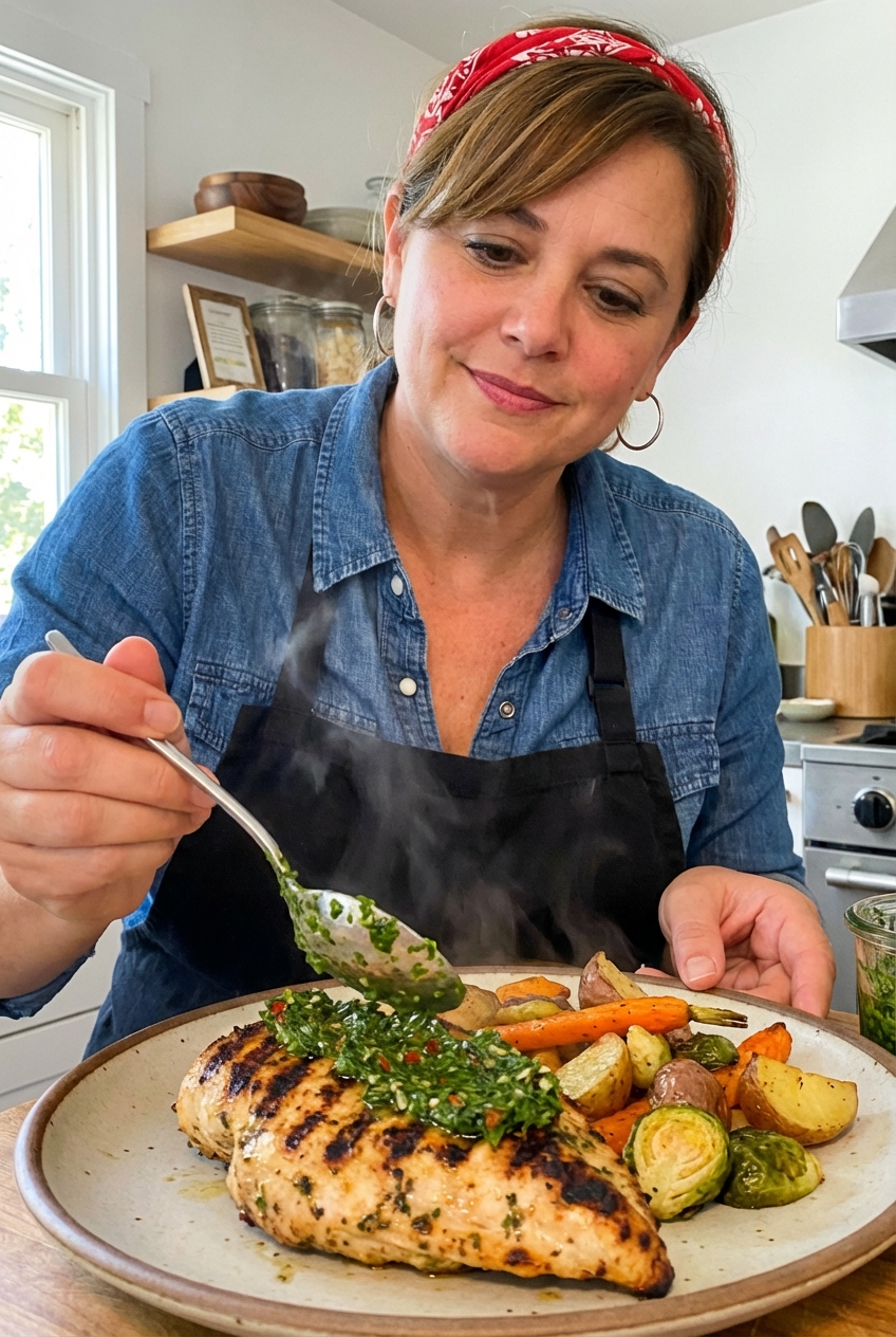 A spoonful of green herb sauce being dolloped onto grilled chicken on a plate with roasted vegetables