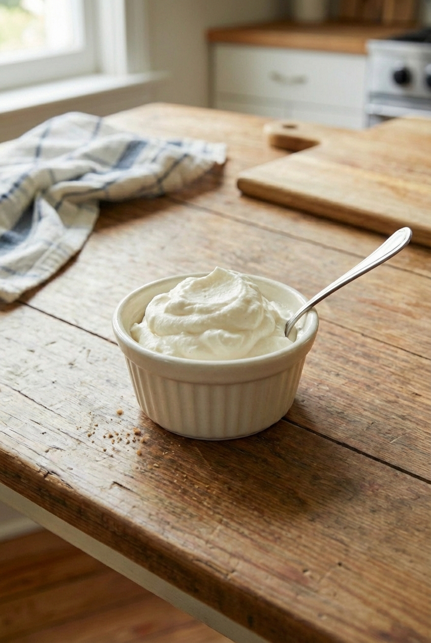 A spoonful of lightly sweetened whipped cream in a small ramekin