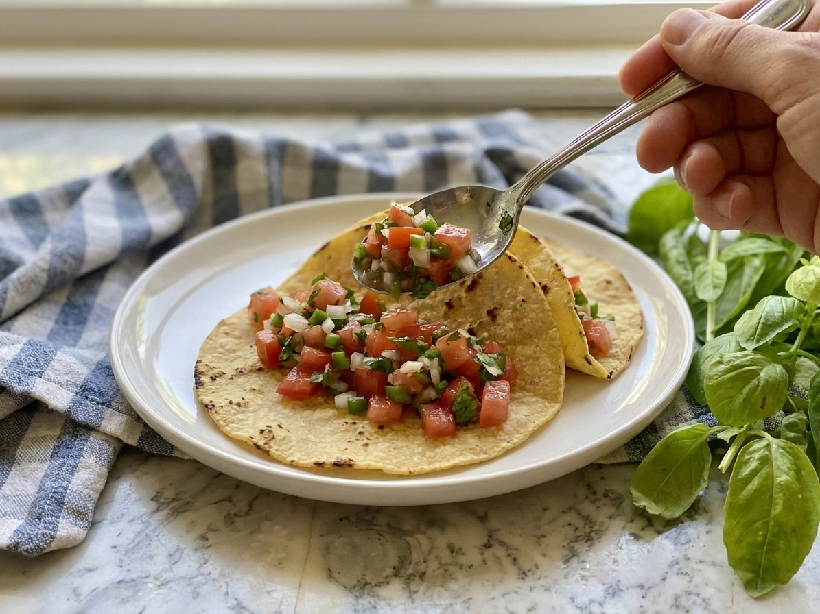 A spoonful of pico de gallo being added onto warm corn tacos on a plate, close-up with natural kitchen light