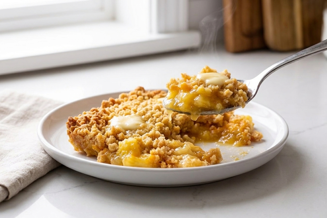 A spoonful of pineapple casserole served on a plate with a crisp cracker topping and glossy pineapple filling