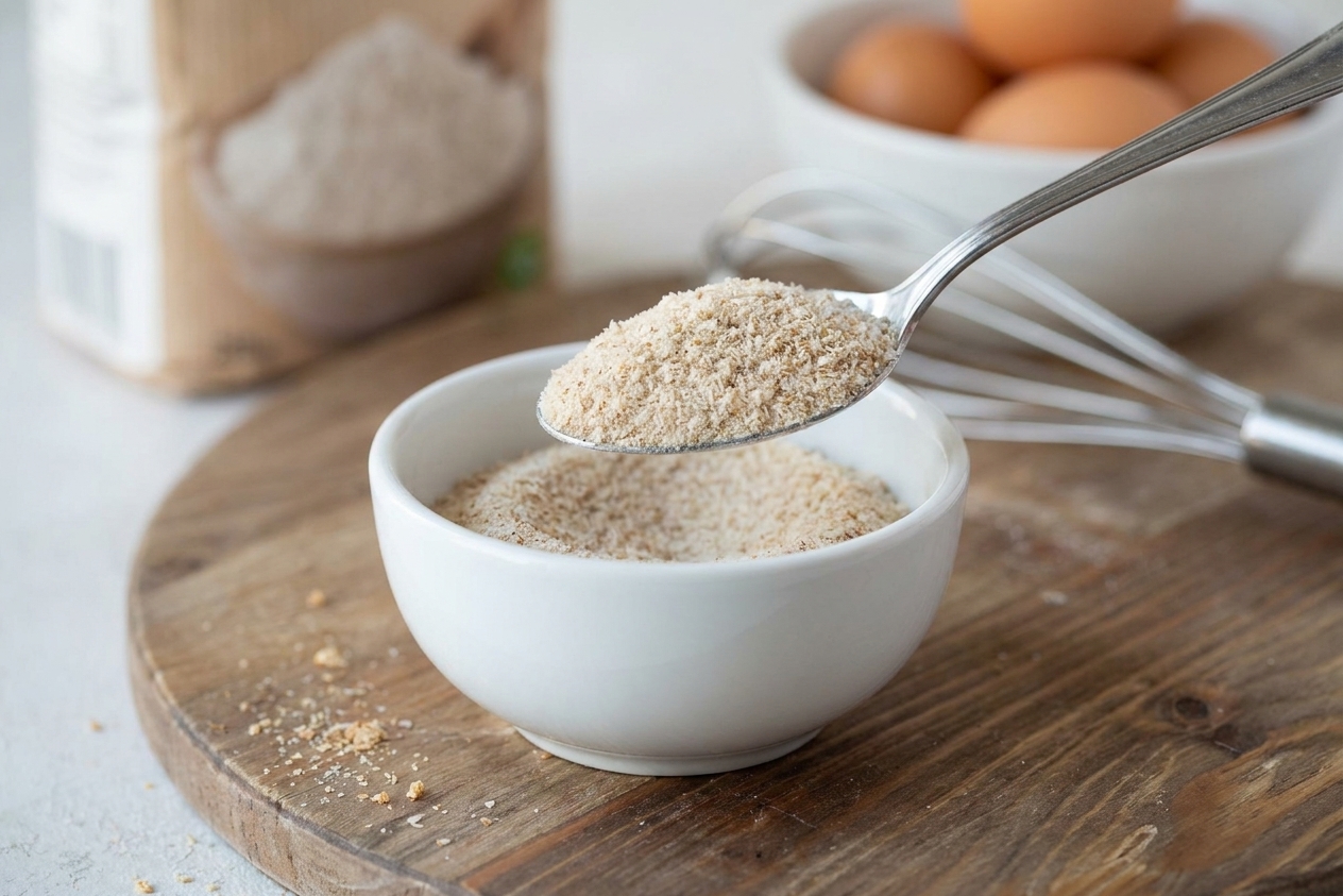 A spoonful of psyllium husk powder over a small bowl on a kitchen counter with other baking ingredients nearby