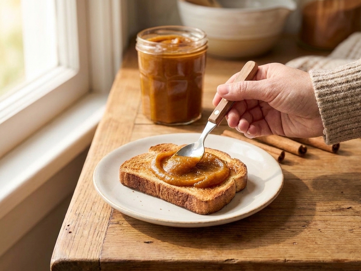 A spoonful of pumpkin butter being spread onto a slice of toasted bread on a simple ceramic plate at a wooden kitchen table