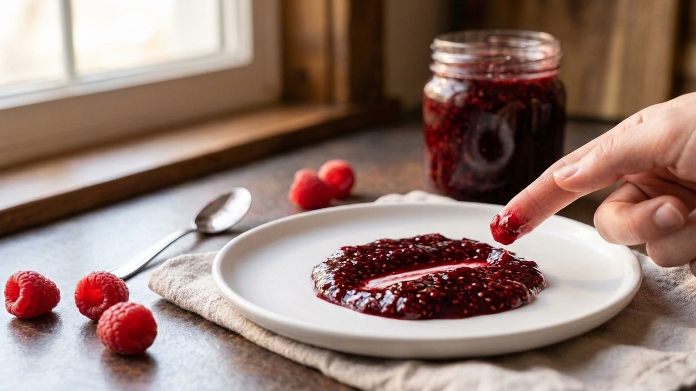 A spoonful of raspberry jam on a chilled white plate with a finger swipe through the center showing the jam holding its shape