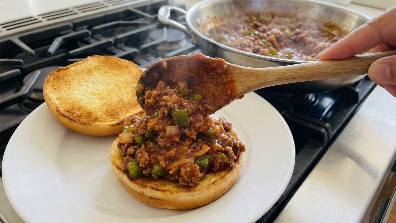 A spoonful of sloppy joe mixture being piled onto a toasted bun on a plate in a warm kitchen setting