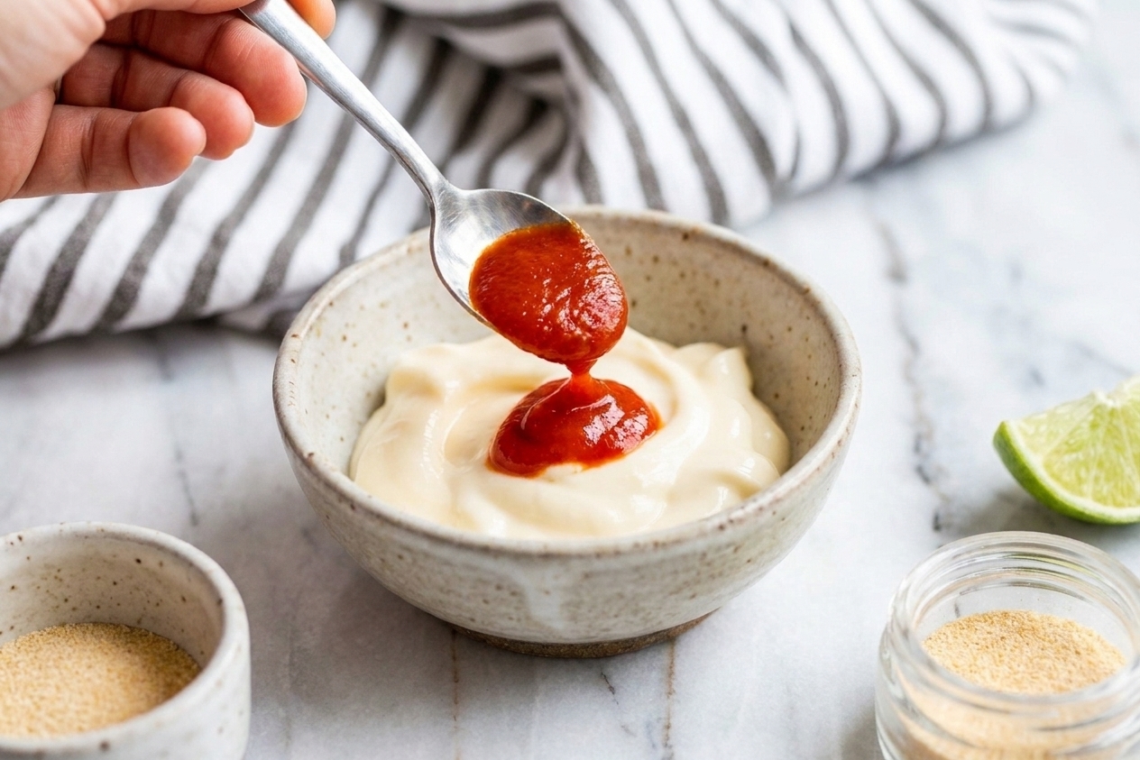 A spoonful of sriracha being added into a bowl of mayonnaise on a kitchen counter with lime and garlic powder nearby