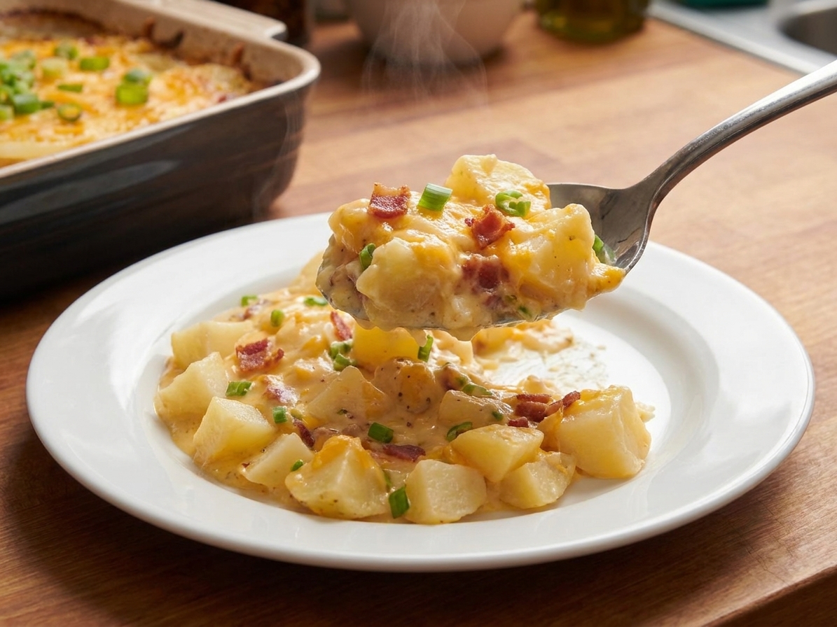 A spoonful of swamp potatoes being served onto a plate, showing creamy sauce, potato chunks, bacon crumbles, and green onions