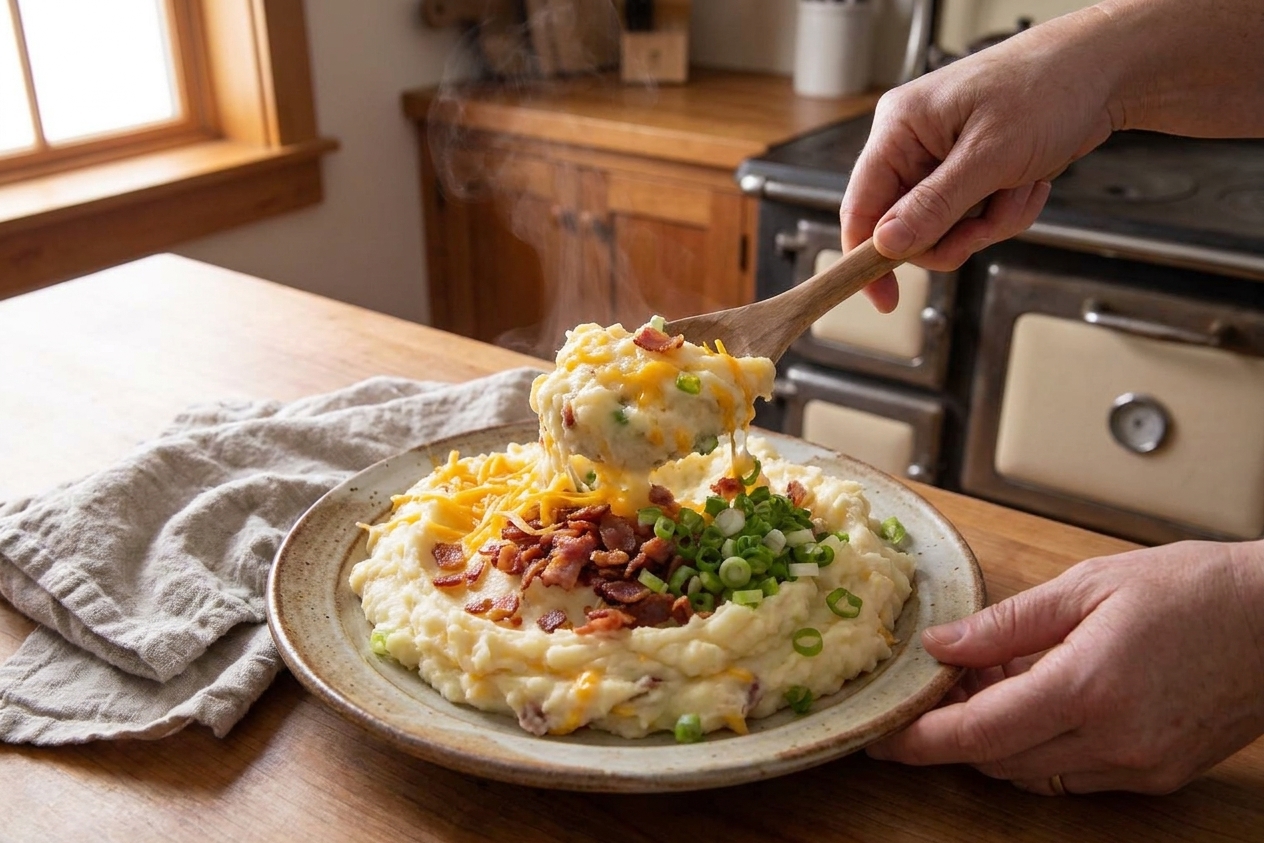A spoonful of swamp potatoes on a plate showing creamy mashed potatoes with melted cheddar, bacon pieces, and green onions
