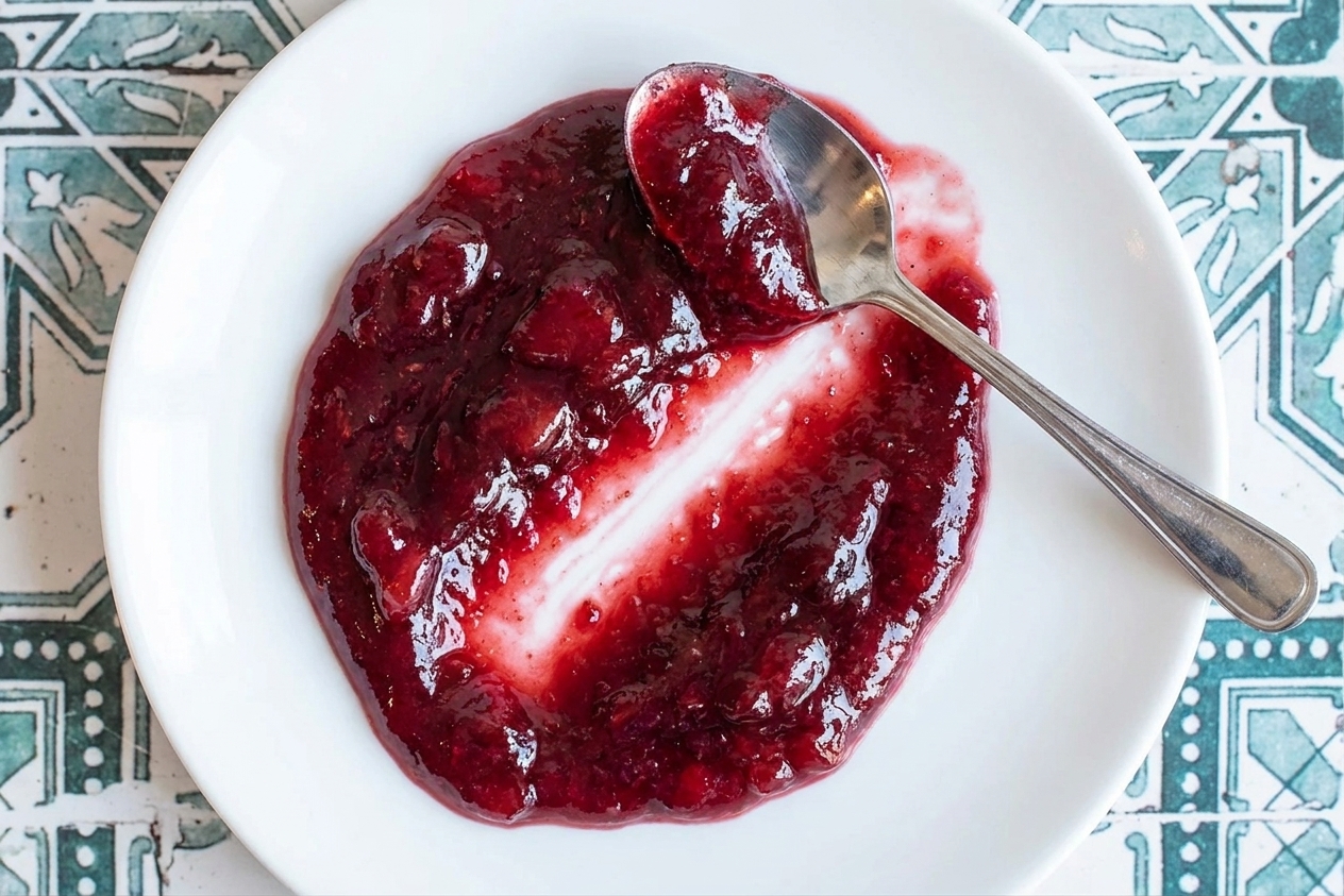 A spoonful of thick plum jam on a chilled white plate with a finger swipe line showing the jam holds its shape
