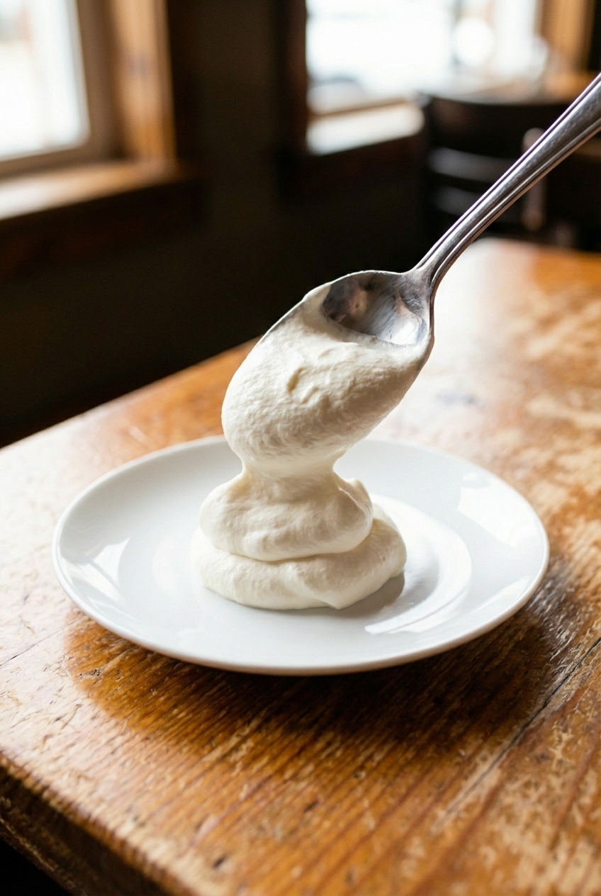 A spoonful of whipped cream being dolloped onto a dessert plate