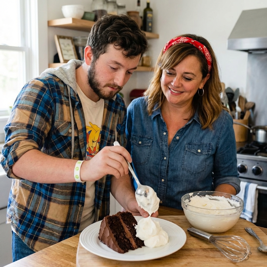 A spoonful of whipped cream being placed beside a slice of chocolate cake