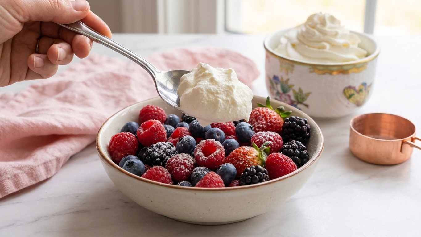 A spoonful of whipped cream dolloped over a bowl of mixed berries on a simple table setting