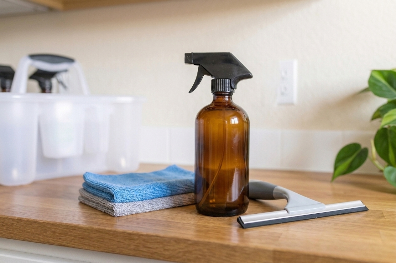 A spray bottle, microfiber cloths, and a small squeegee arranged on a clean kitchen counter
