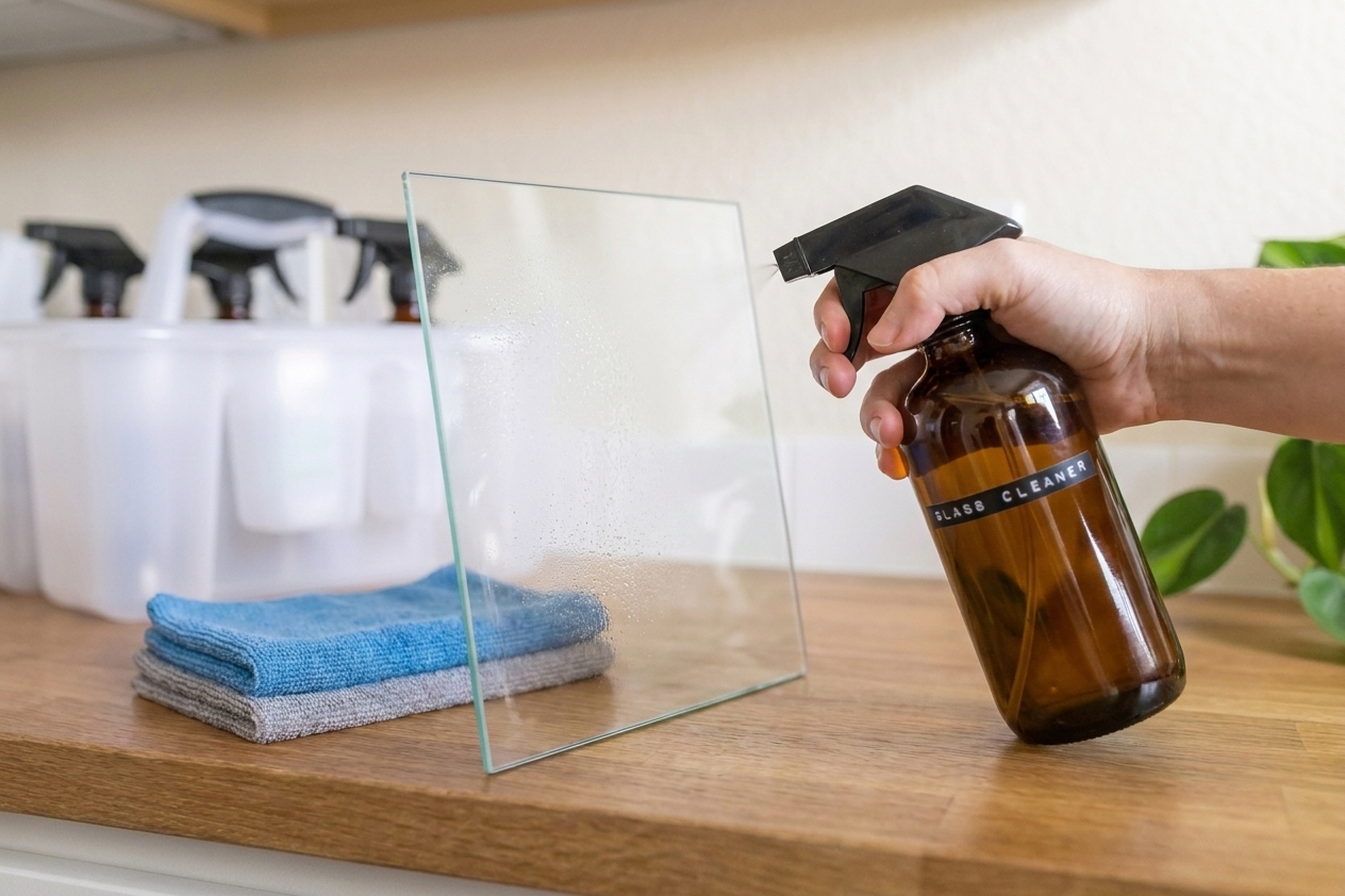 A spray bottle misting cleaner onto a glass pane next to a folded microfiber cloth on a kitchen counter