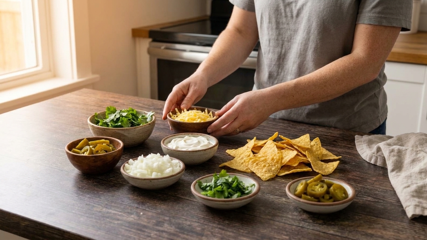 A spread of chili toppings including shredded cheese, sour cream, chopped onions, cilantro, sliced jalapeños, and tortilla chips on a kitchen counter